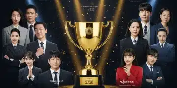 Dynamic K-drama posters surrounding a golden awards trophy, symbolizing the 2025 K-Drama Awards season