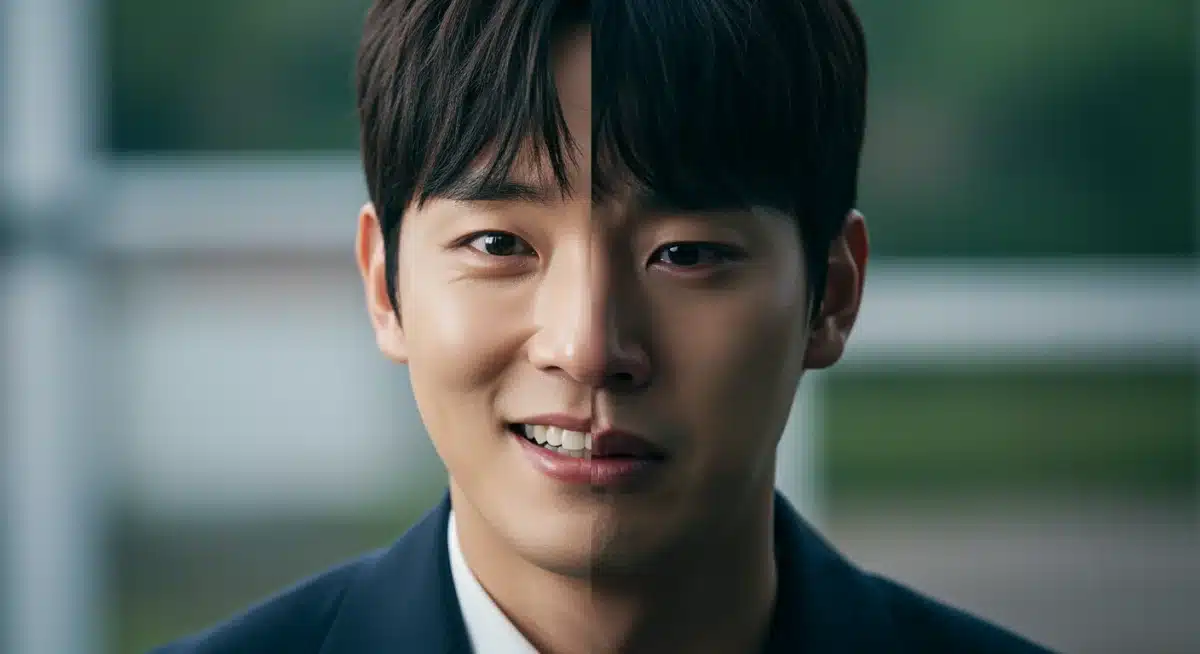 A K-drama actor's face split between comedic joy and dramatic intensity, showing versatility.