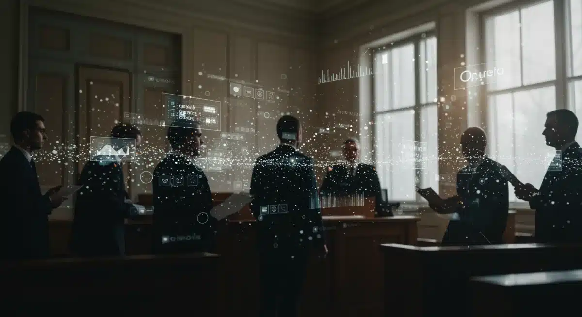 Courtroom scene with data streams, representing digital intellectual property disputes.