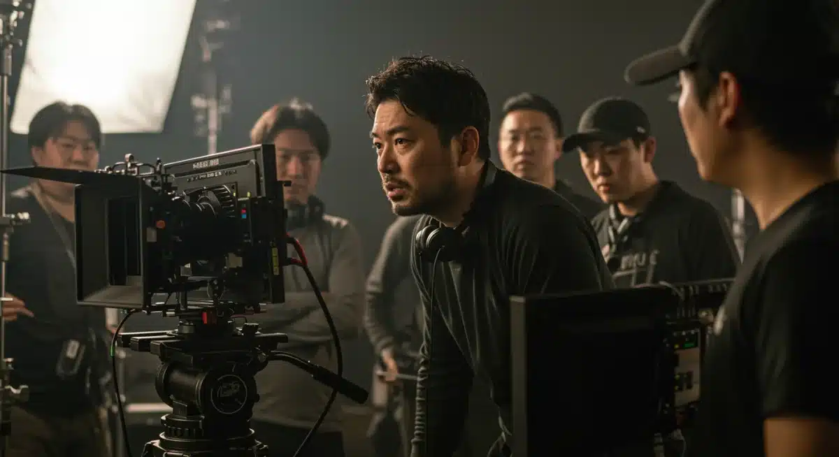 Film director on set, intensely focused on a monitor, symbolizing creative collaboration between K-drama and US production.
