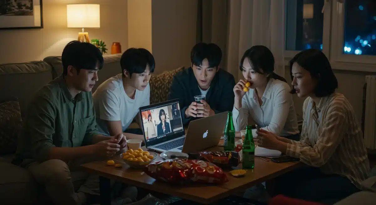 Friends watching a K-drama on a laptop, emphasizing communal viewing and the enjoyment of the series.