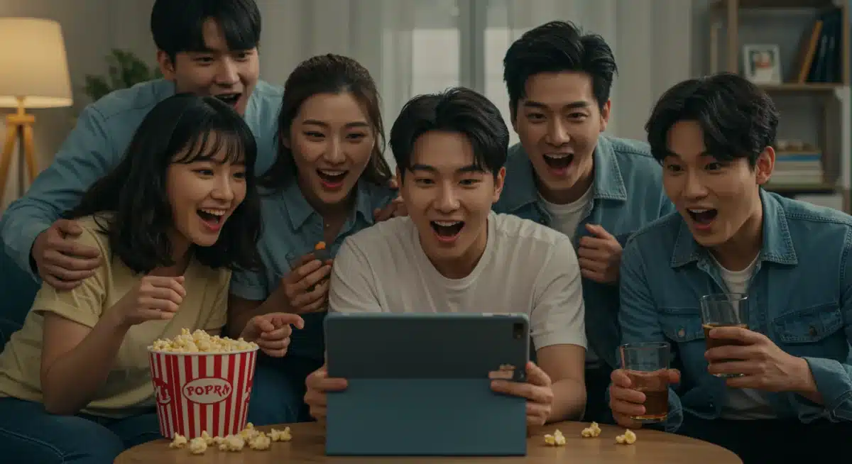Friends watching a K-drama together on a tablet, enjoying the latest series.