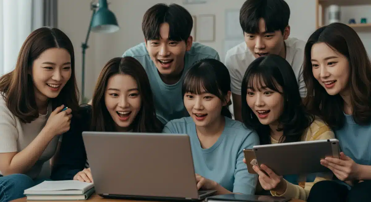 Friends watching an engaging K-drama on a laptop, enjoying a shared discovery