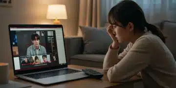 Frustrated viewer with buffering K-drama on laptop, highlighting streaming problems.