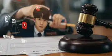 Gavel on legal documents with K-drama and streaming logos, symbolizing copyright legal battles.