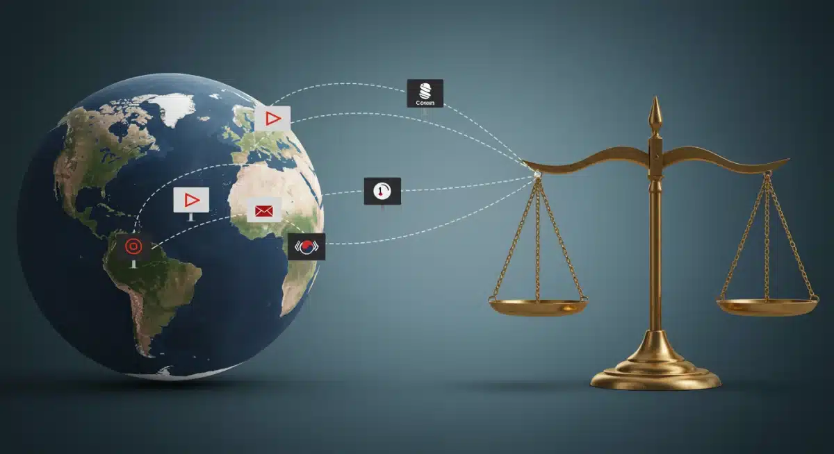 Global K-drama distribution with legal scales representing copyright challenges