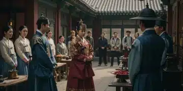Historical K-drama scene with actors in traditional Korean hanbok, set in a meticulously recreated palace, symbolizing cultural accuracy.