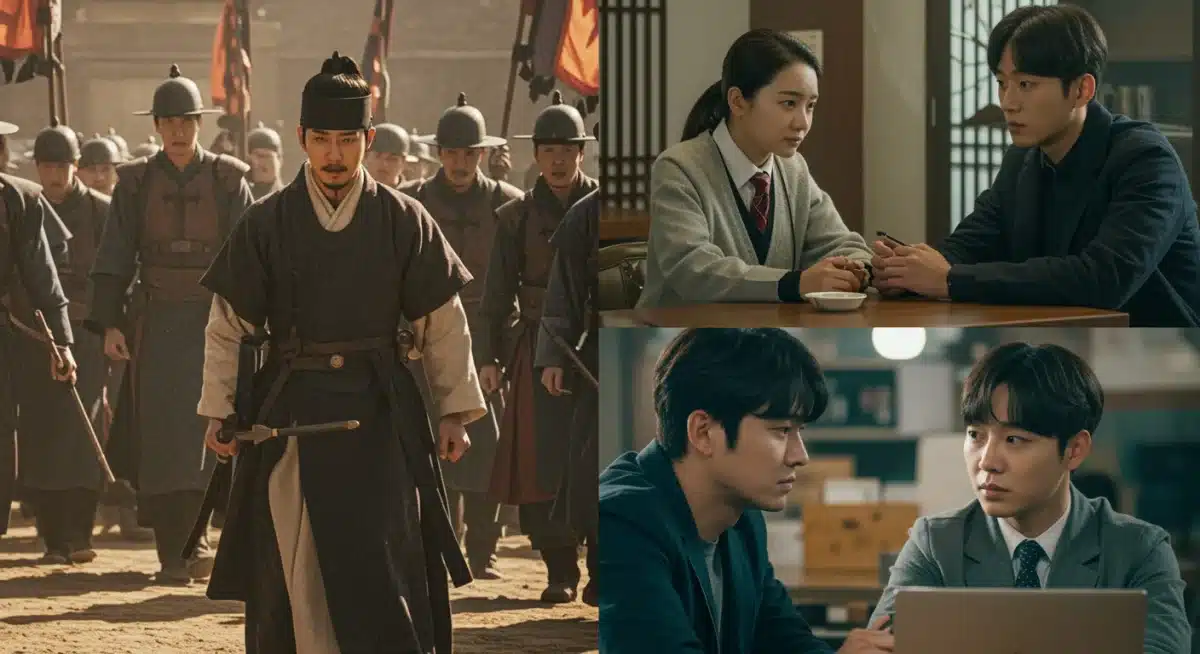Split image comparing dramatic historical K-drama with emotional modern K-drama.