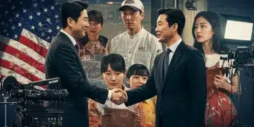 Hollywood and Korean entertainment executives shaking hands, symbolizing a multi-billion dollar co-production deal for K-dramas.