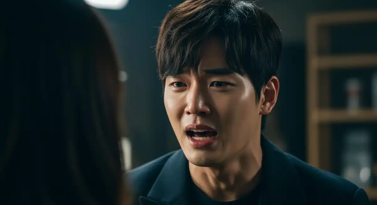 K-Drama actor with theatrical background delivers an intense emotional performance on a television drama set.