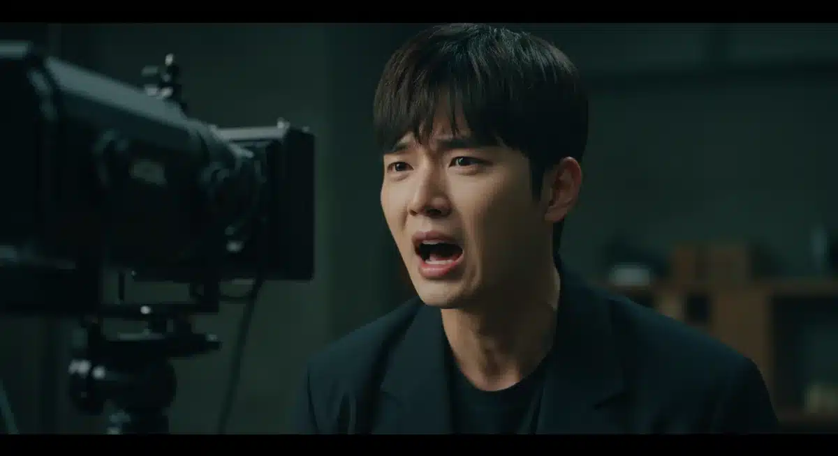 K-drama actor performing emotional scene on set