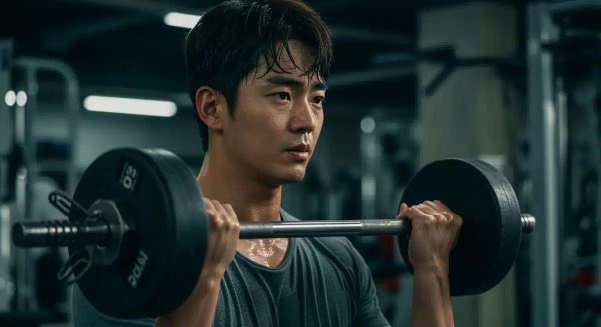 K-drama actor intensely training in a gym, lifting weights for a role.