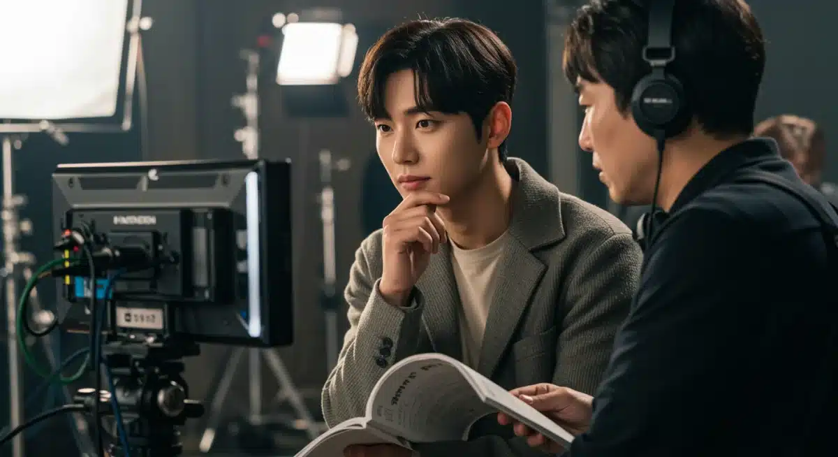 K-drama actor reviewing script on set, demonstrating dedication to his craft.