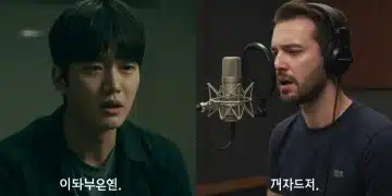 K-Drama actor performing in Korean juxtaposed with voice actor dubbing in English