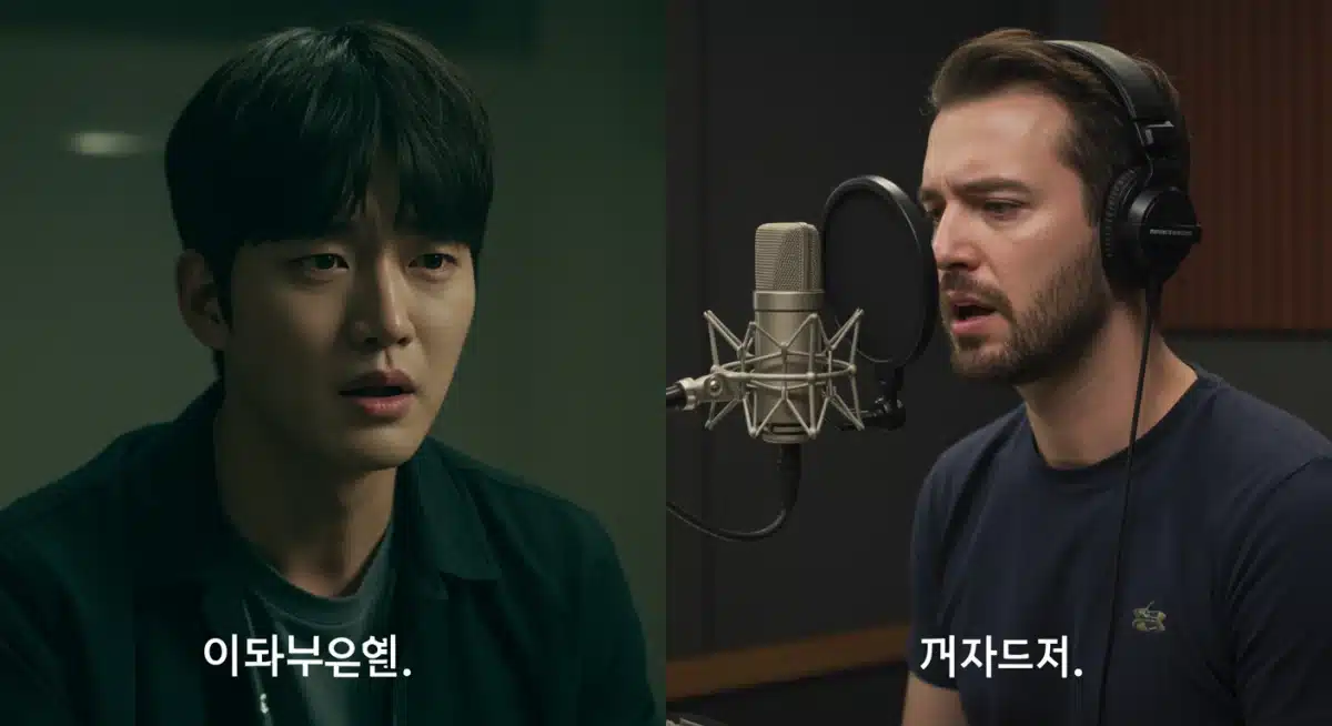 K-Drama actor performing in Korean juxtaposed with voice actor dubbing in English