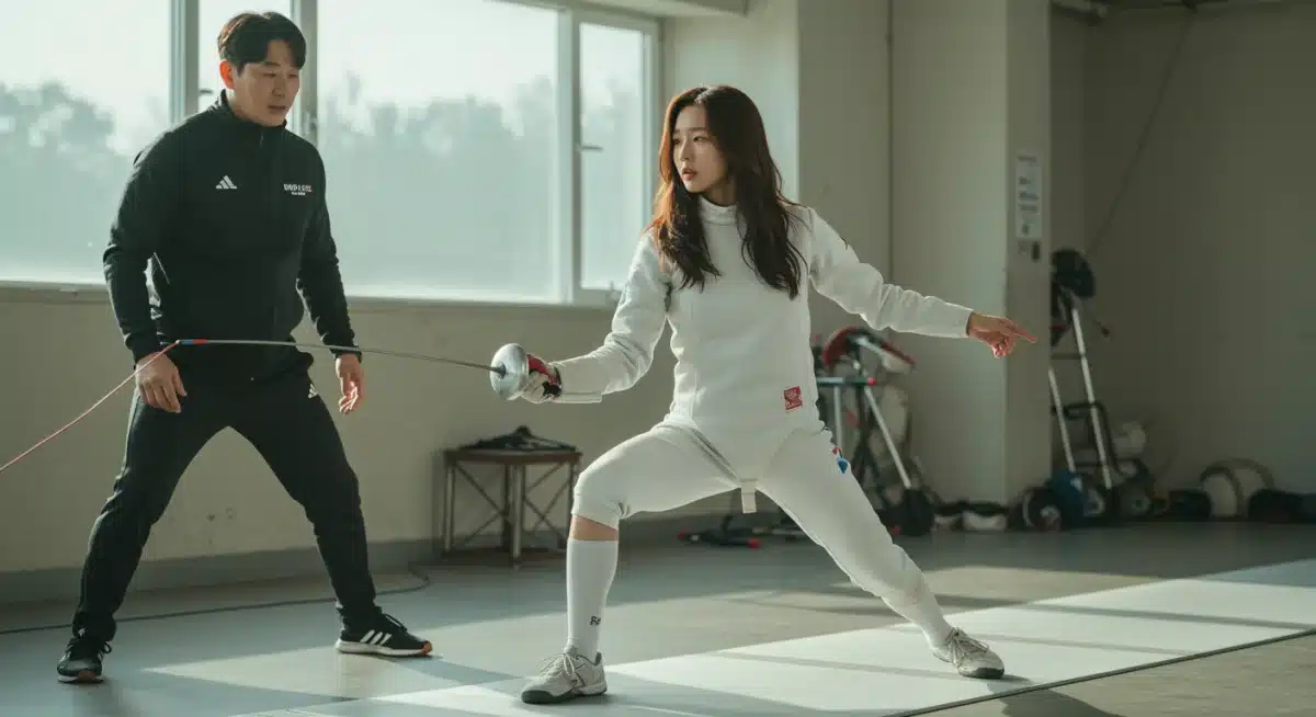 K-drama actress training in fencing for an upcoming role.