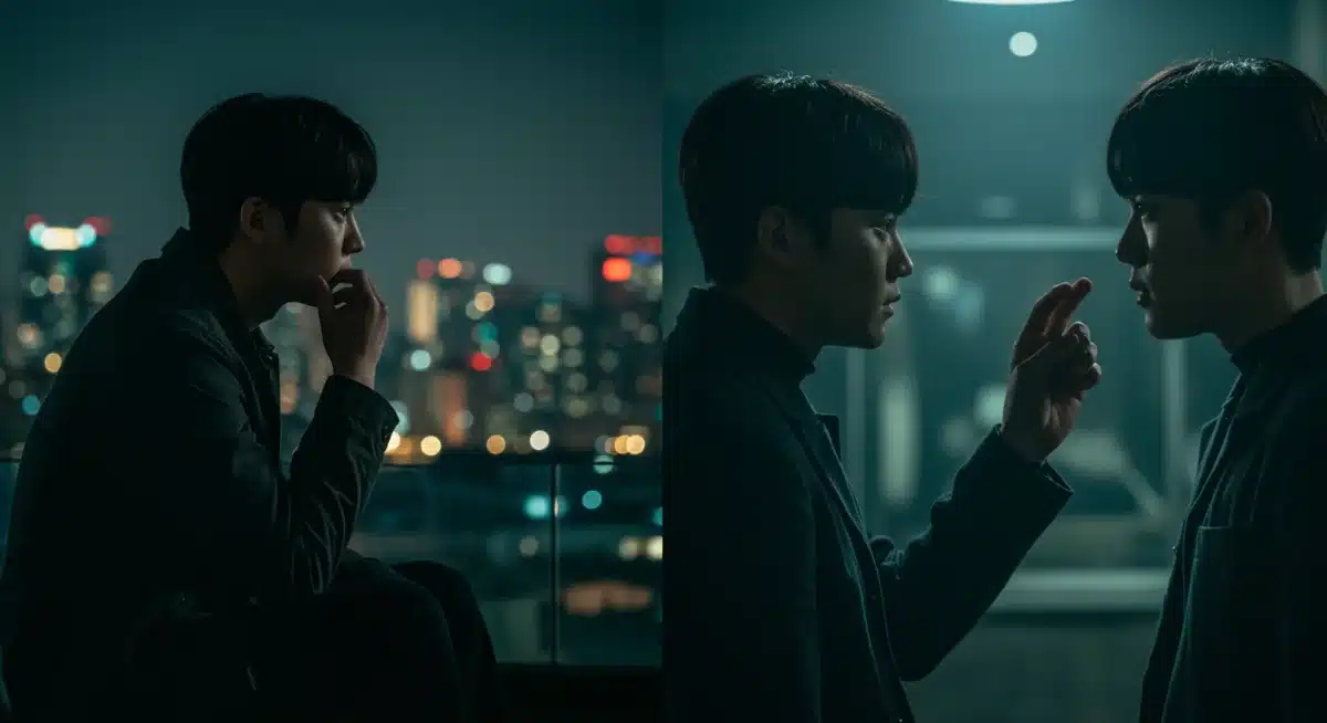 K-drama character contemplating ambiguous ending, city skyline