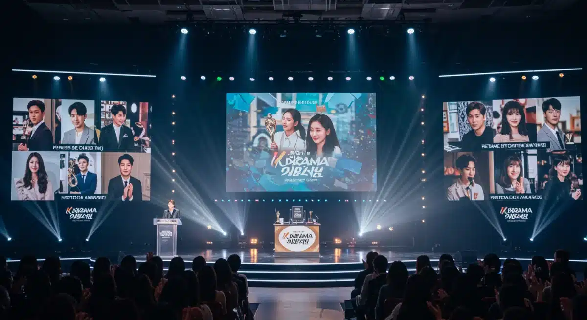 K-drama awards ceremony stage with clips on screen and an applauding audience