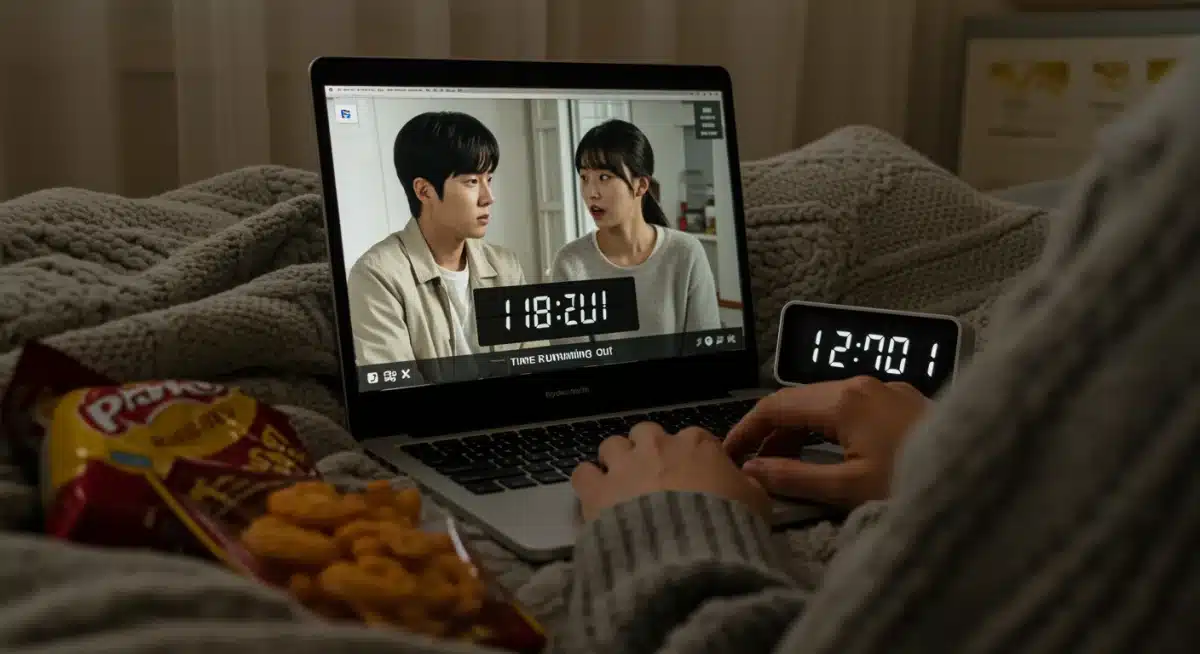 Person watching K-drama on laptop with time running out