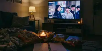 Cozy living room with K-drama on TV, snacks, and blankets for a binge-watching weekend.