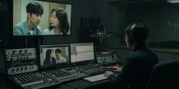 Professional sound engineer working on K-Drama dubbing in a studio with actors on screen