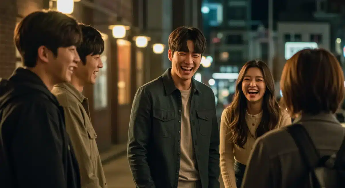 Young actors in a city setting, embodying friendship and career struggles in a modern K-drama scene.