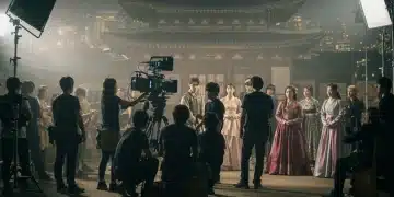 Behind-the-scenes of a high-budget K-drama production, showcasing advanced equipment and collaborative crew.