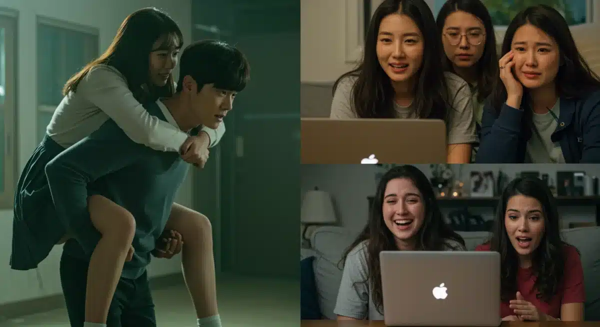K-drama piggyback ride trope contrasted with emotional U.S. viewer reactions.