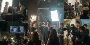 Behind the scenes of a K-drama production with director, actors, and crew at work