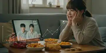 Woman enjoying K-Drama on tablet with financial savings overlay