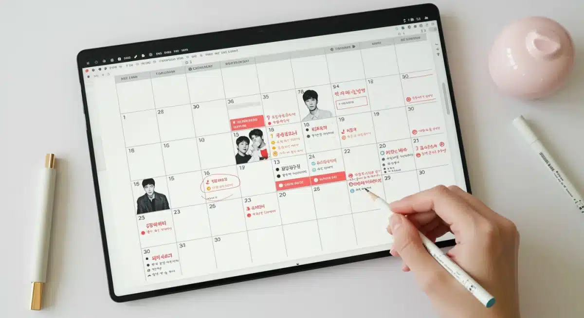 Digital planner showing a meticulously organized K-drama binge-watching schedule with color-coded time slots for different shows.