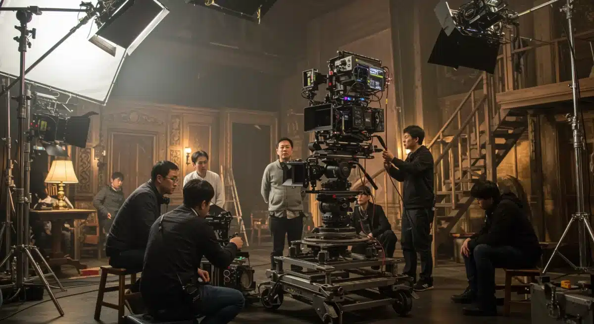 Behind-the-scenes K-drama production with complex camera setup