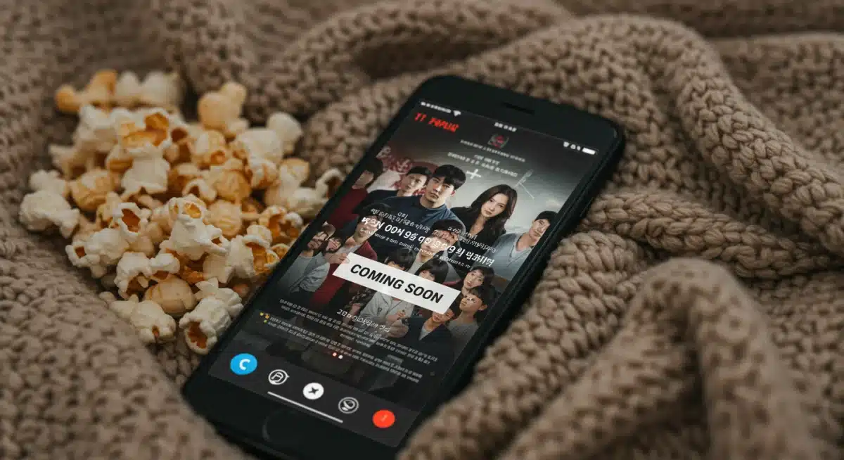Smartphone displaying K-drama streaming service with 'Coming Soon' and cozy elements.