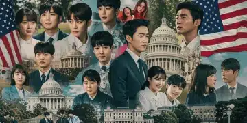 Dynamic image showing K-drama scenes merging with US cultural exchange symbols