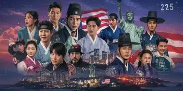 Dynamic K-drama scenes blending with US landmarks, symbolizing global market expansion and cultural fusion in 2025.
