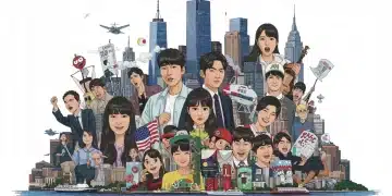 Dynamic illustration of K-drama characters in US city, representing market trends