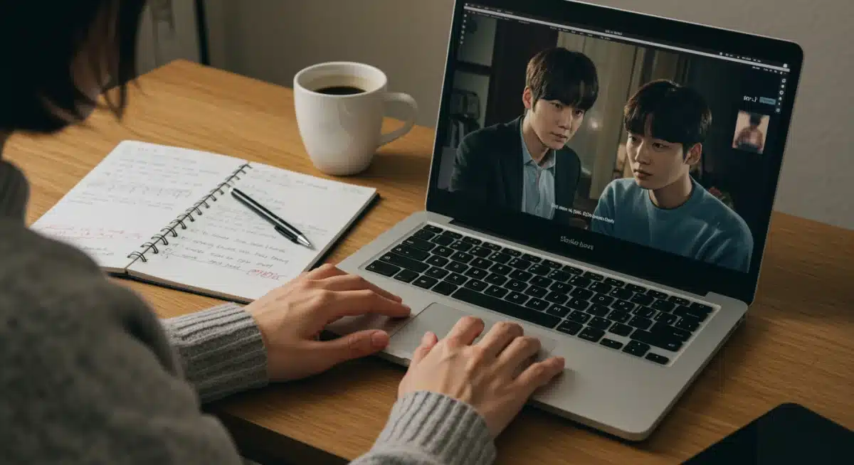Person watching K-drama and taking notes for review