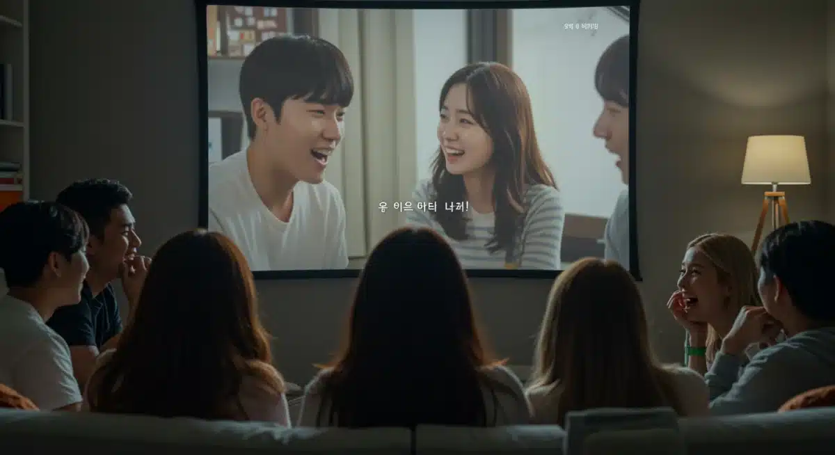 Group of friends intently watching a K-drama on a large screen, engaged by the story.