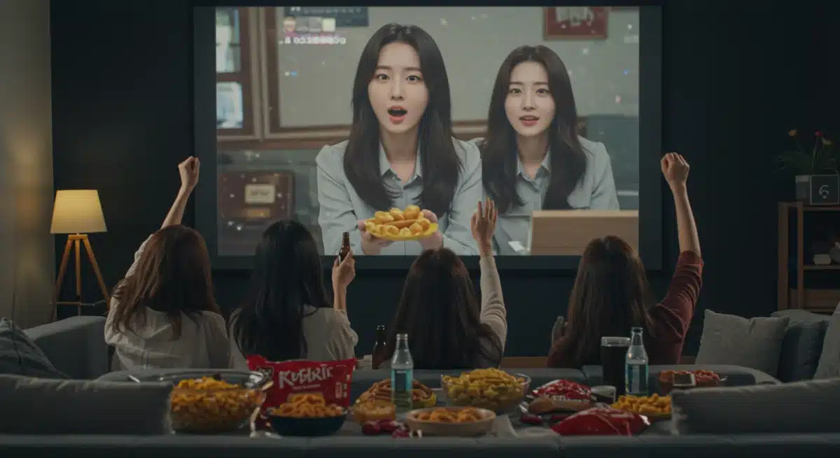 Friends gathered, enjoying a K-drama viewing party with snacks.