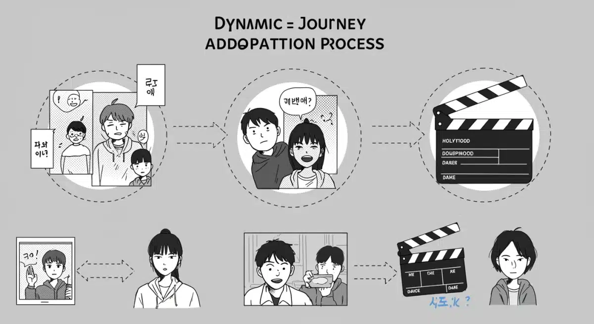Visual representation of webtoon to K-drama to Hollywood adaptation pipeline.