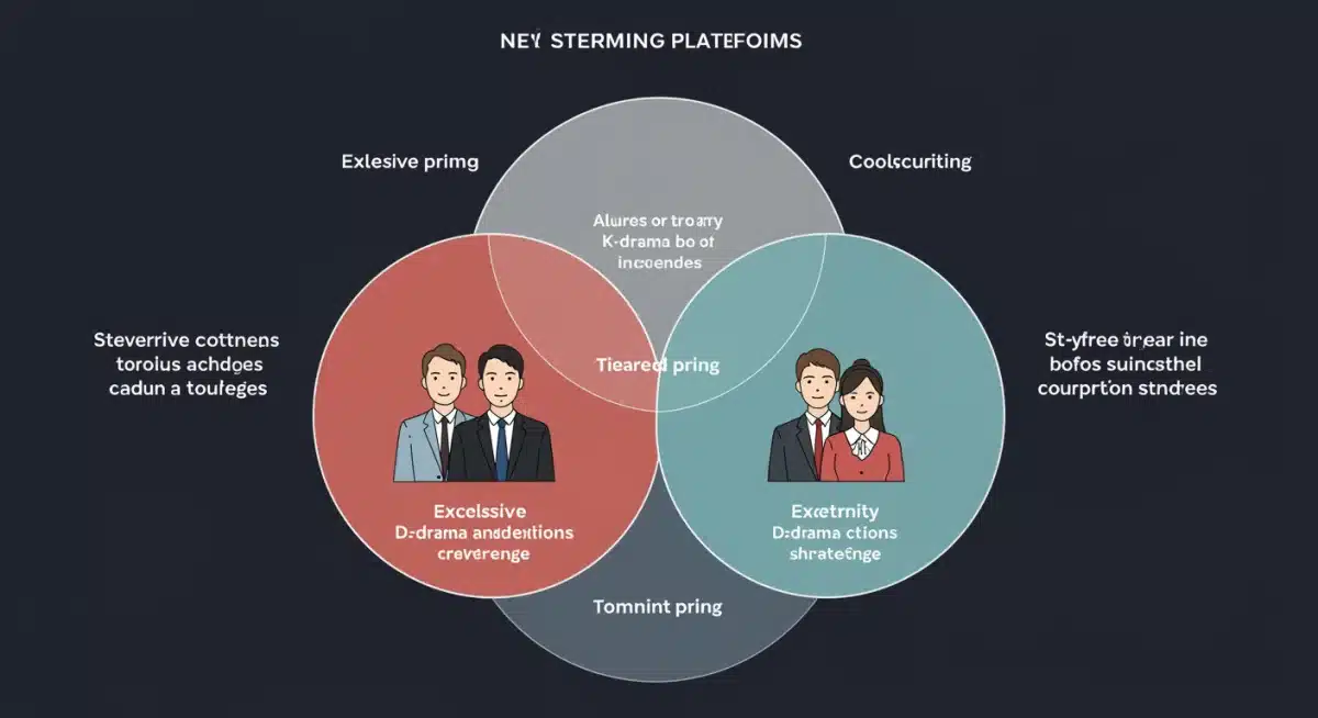Infographic showing overlapping streaming platform features, including K-drama exclusivity, tiered pricing, and community engagement.