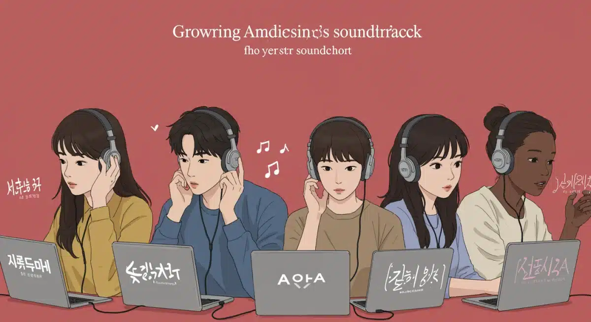American K-drama fans enjoying soundtracks on headphones, reflecting the genre's growing popularity.