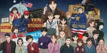 Webtoon characters and K-drama scenes merge with US studio logos, depicting upcoming adaptations.