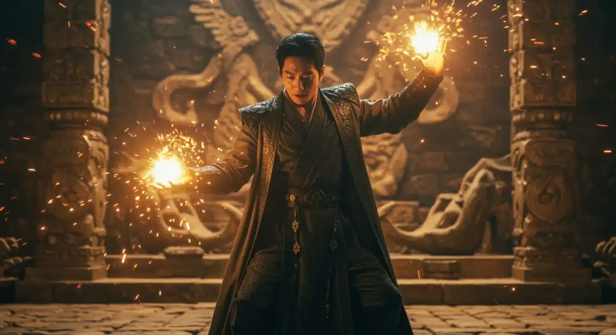 Dynamic scene from a fantasy K-drama, showcasing intricate costumes and special effects.