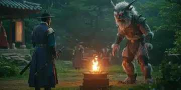 Dynamic scene from a high-budget K-drama with intricate costumes and CGI, highlighting production quality.