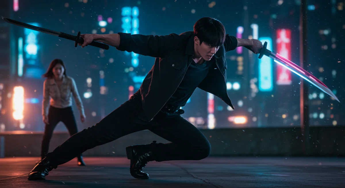 Intense action scene from an upcoming Crunchyroll K-drama 2026, blending martial arts and urban fantasy.