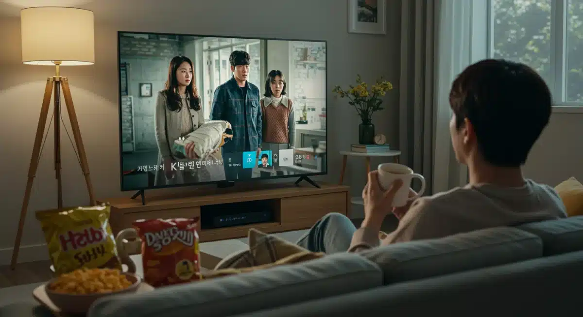 Person enjoying a K-drama on a smart TV in a cozy living room
