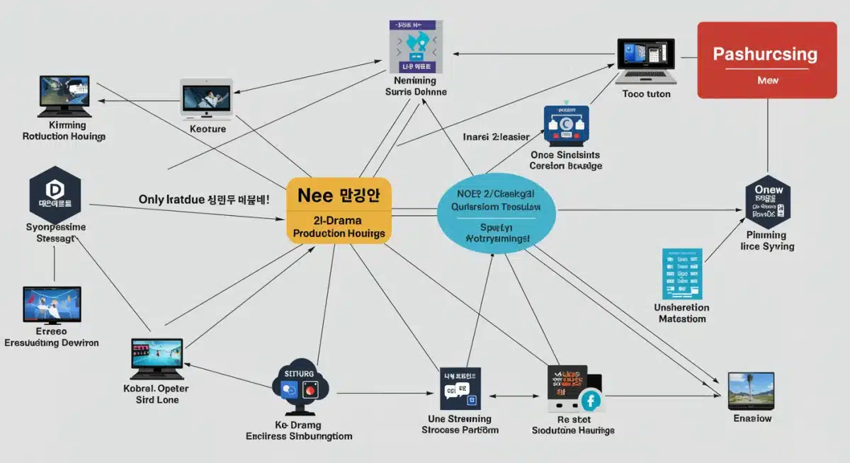 Complex network diagram showing interconnected streaming platforms and K-drama production houses.