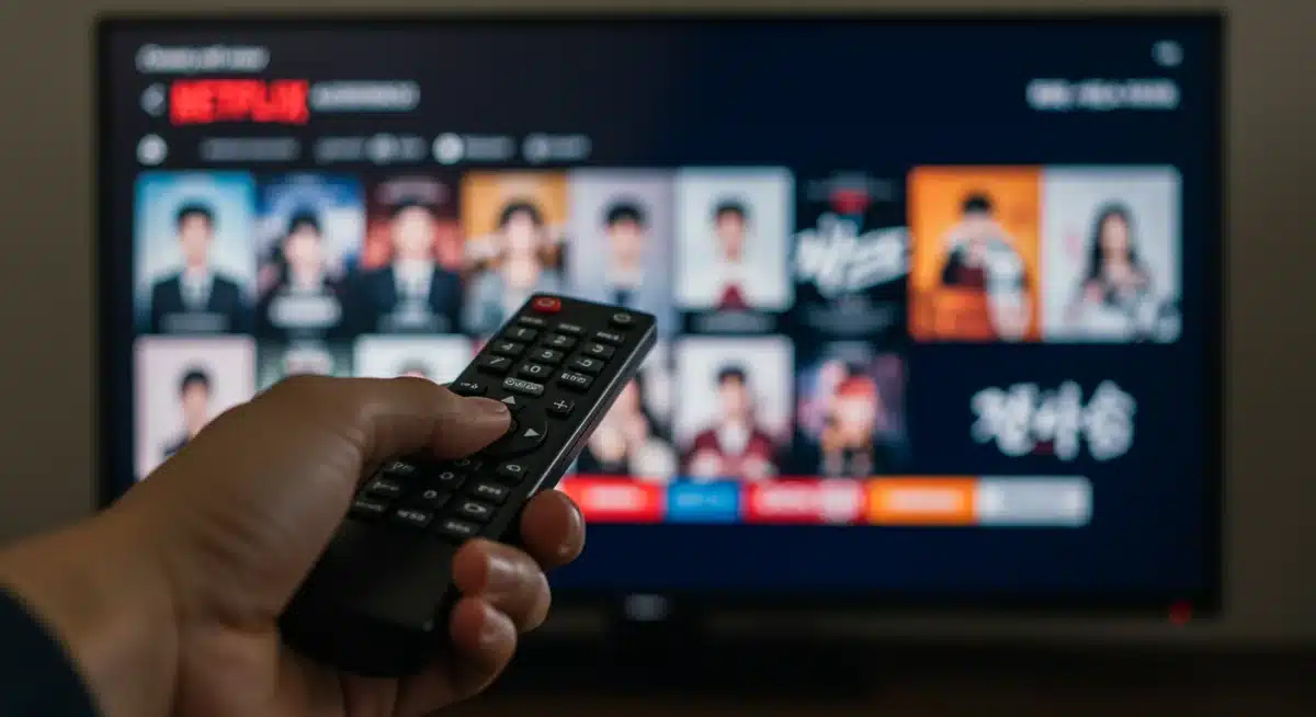 Hand holding remote, browsing Netflix K-drama titles on screen