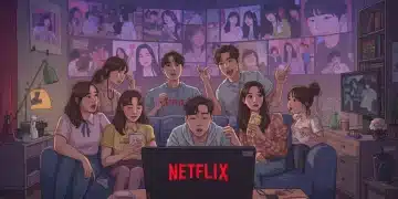 Illustration of diverse K-drama fans watching Netflix, symbolizing hidden gem discoveries